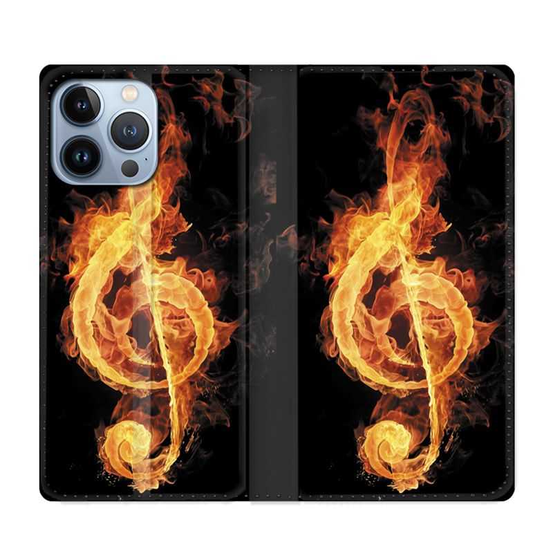 Housse Cuir Portefeuille Pour Iphone 13 Pro Max Musique Clé Sol Feu N