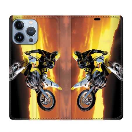 Housse Cuir Portefeuille Pour Iphone 13 Pro Max Moto Cross Noir