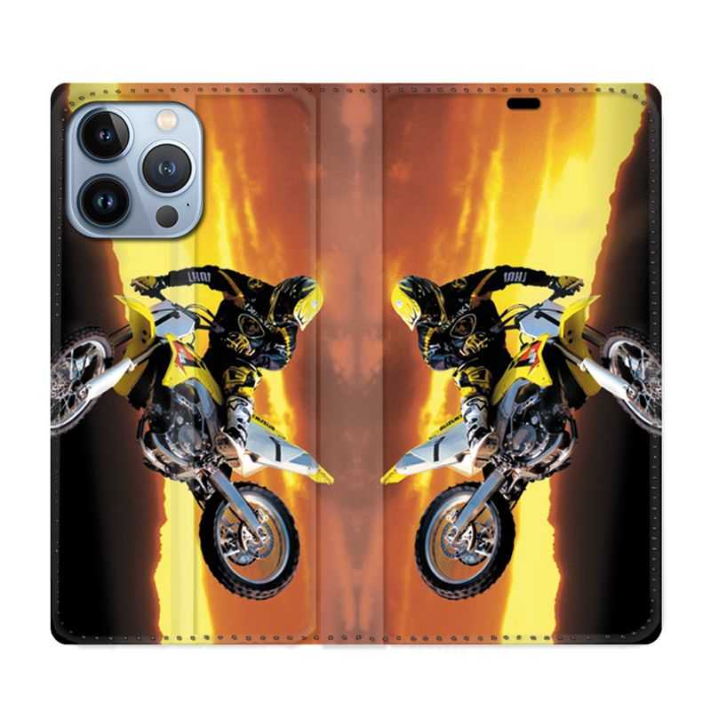 Housse Cuir Portefeuille Pour Iphone 13 Pro Max Moto Cross Noir