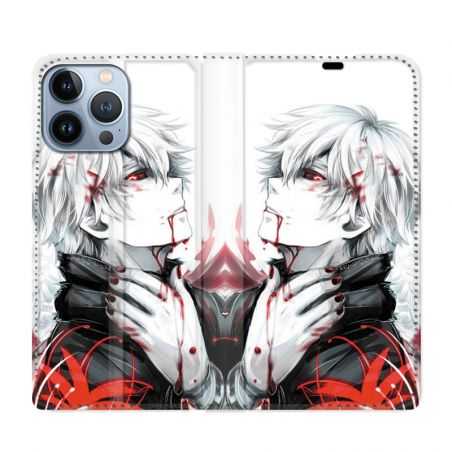 Housse Cuir Portefeuille Pour Iphone 13 Pro Max Manga Kaneki Blanc