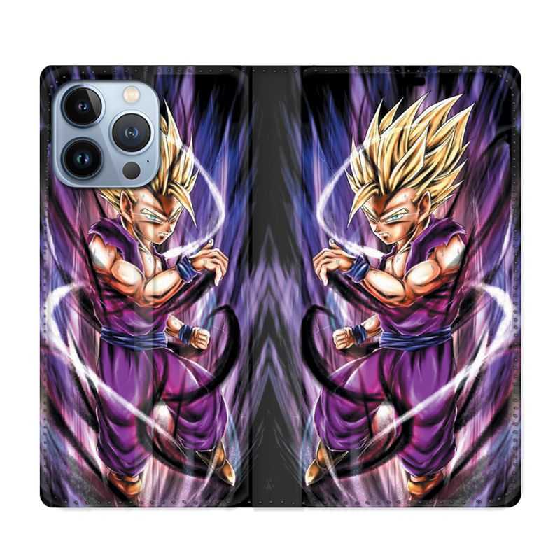 Housse Cuir Portefeuille Pour Iphone 13 Pro Max Manga Dragon Ball Sangohan Violet