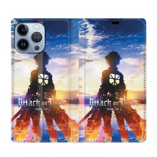 Housse Cuir Portefeuille Pour Iphone 13 Pro Max Manga Attaque Titans Soleil