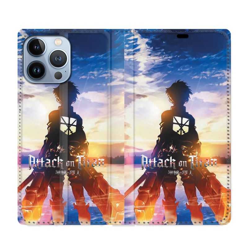 Housse Cuir Portefeuille Pour Iphone 13 Pro Max Manga Attaque Titans Soleil