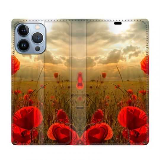 Housse Cuir Portefeuille Pour Iphone 13 Pro Max Fleur Coquelicot