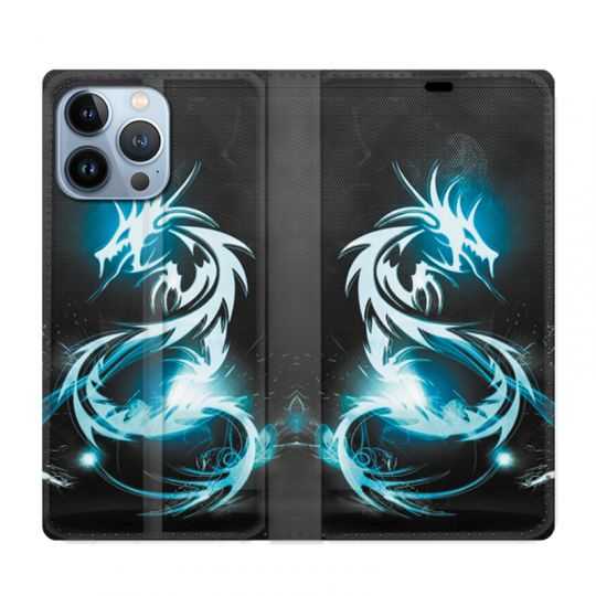 Housse Cuir Portefeuille Pour Iphone 13 Pro Max Dragon Bleu