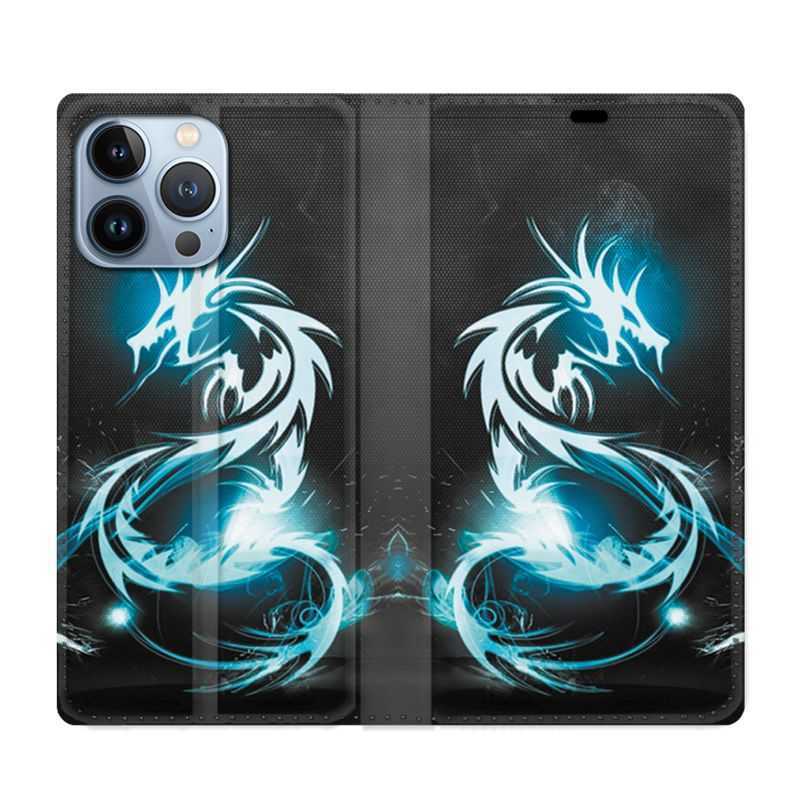 Housse Cuir Portefeuille Pour Iphone 13 Pro Max Dragon Bleu