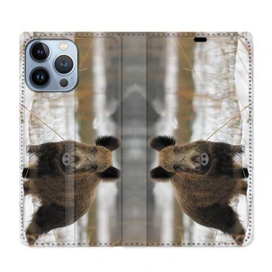 Housse Cuir Portefeuille Pour Iphone 13 Pro Max Chasse Sanglier Neige