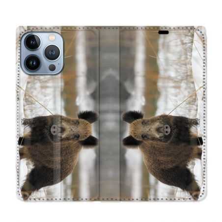 Housse Cuir Portefeuille Pour Iphone 13 Pro Max Chasse Sanglier Neige