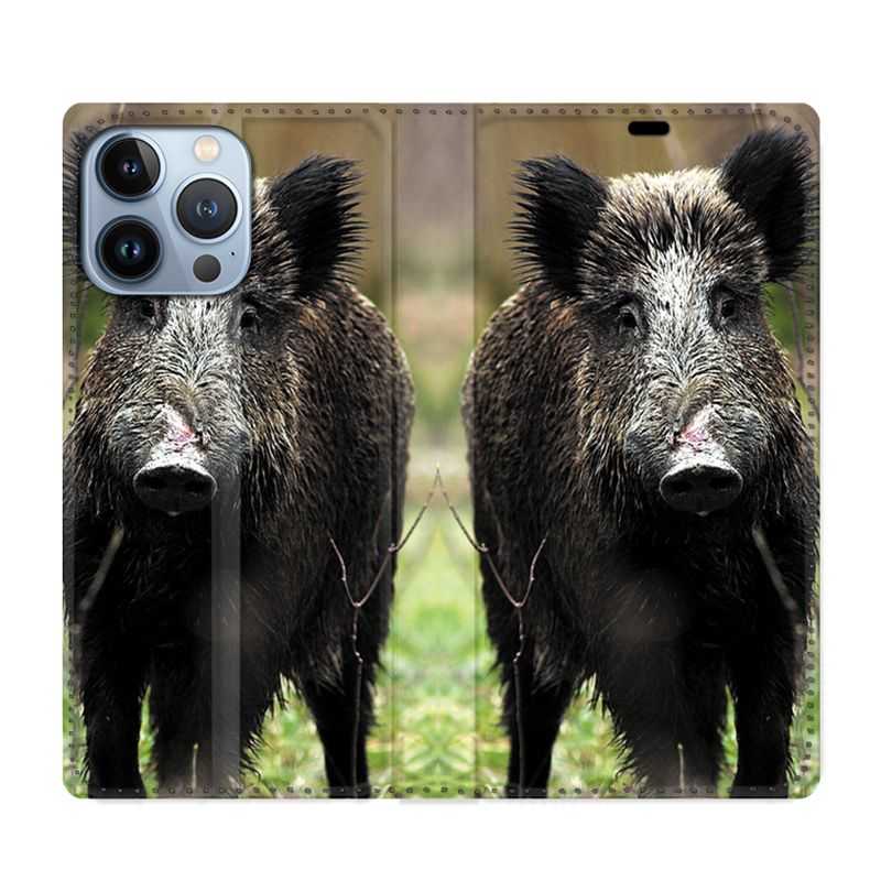 Housse Cuir Portefeuille Pour Iphone 13 Pro Max Chasse Sanglier bois