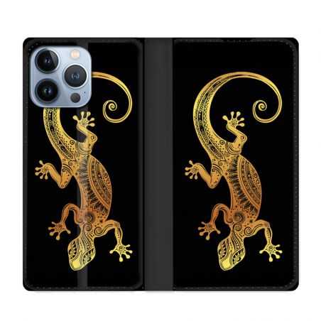 Housse Cuir Portefeuille Pour Iphone 13 Pro Max Animaux Maori Lezard Noir