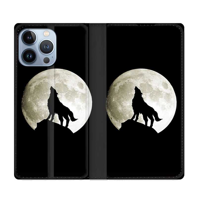 Housse Cuir Portefeuille Pour Iphone 13 Pro Max Loup Noir