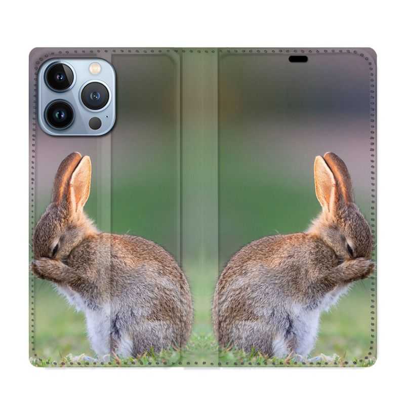 Housse Cuir Portefeuille Pour Iphone 13 Pro Max Lapin Marron
