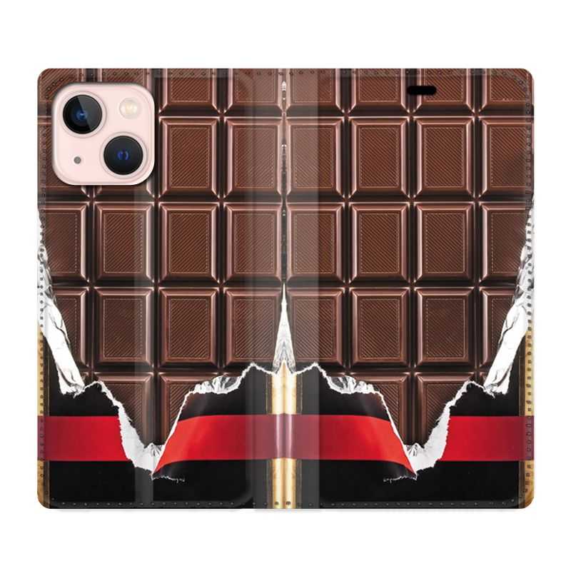 Housse Cuir Portefeuille Pour Iphone 13 Mini Trompe Oeil Chocolat