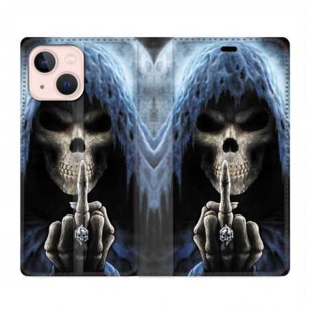Housse Cuir Portefeuille Pour Iphone 13 Mini Tete de Mort Doigt