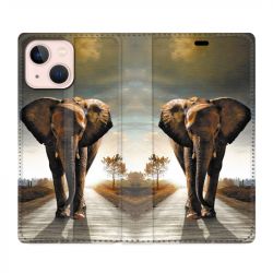 Housse Cuir Portefeuille Pour Iphone 13 Mini Savane Elephant Route