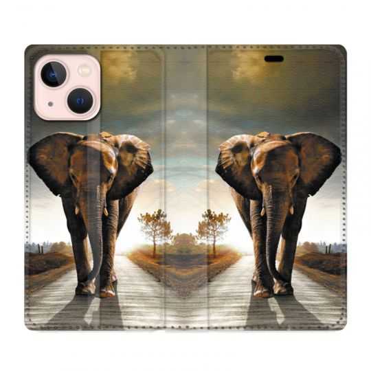 Housse Cuir Portefeuille Pour Iphone 13 Mini Savane Elephant Route