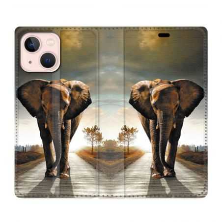 Housse Cuir Portefeuille Pour Iphone 13 Mini Savane Elephant Route