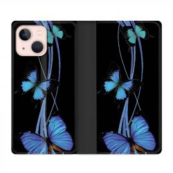 Housse Cuir Portefeuille Pour Iphone 13 Mini Papillon bleu sur Noir