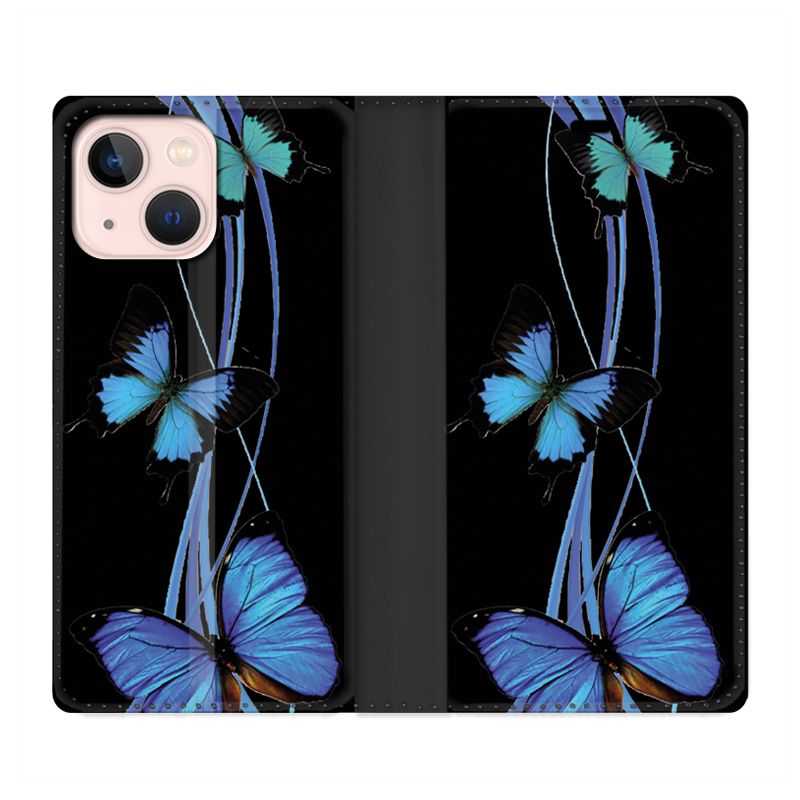 Housse Cuir Portefeuille Pour Iphone 13 Mini Papillon bleu sur Noir