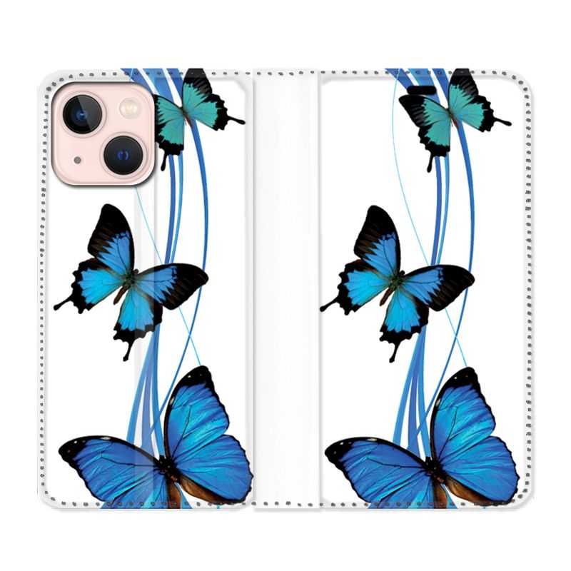 Housse Cuir Portefeuille Pour Iphone 13 Mini Papillon bleu sur Blanc