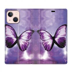 Housse Cuir Portefeuille Pour Iphone 13 Mini Papillon Violet et Blanc
