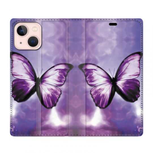 Housse Cuir Portefeuille Pour Iphone 13 Mini Papillon Violet et Blanc