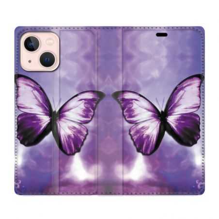 Housse Cuir Portefeuille Pour Iphone 13 Mini Papillon Violet et Blanc