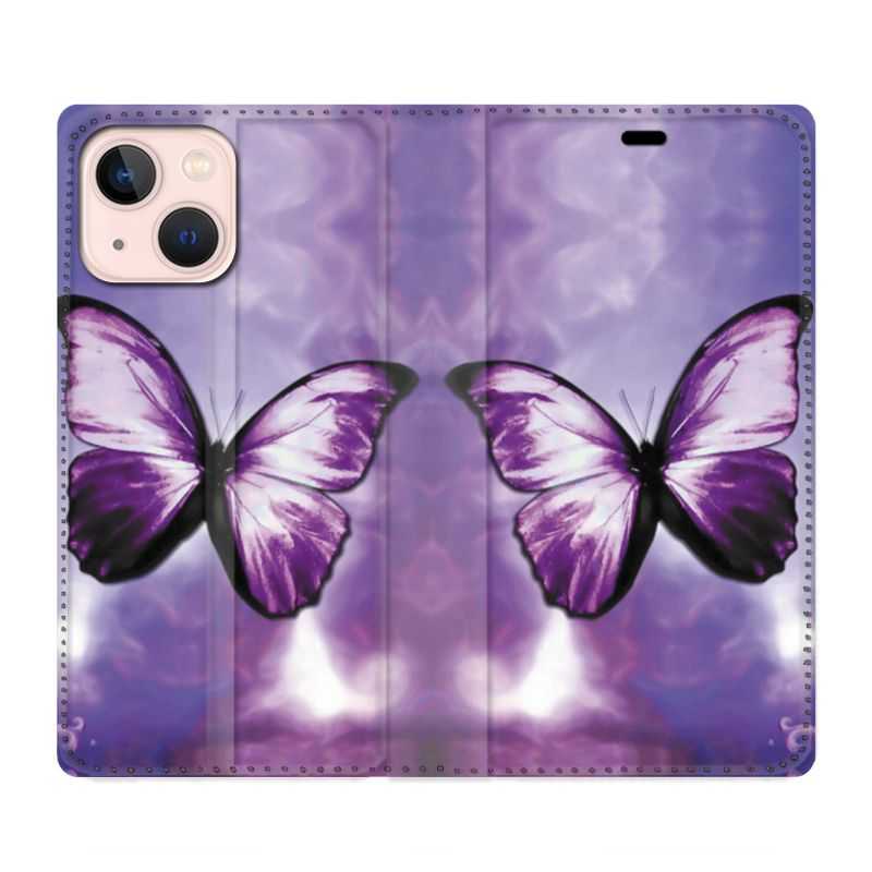 Housse Cuir Portefeuille Pour Iphone 13 Mini Papillon Violet et Blanc