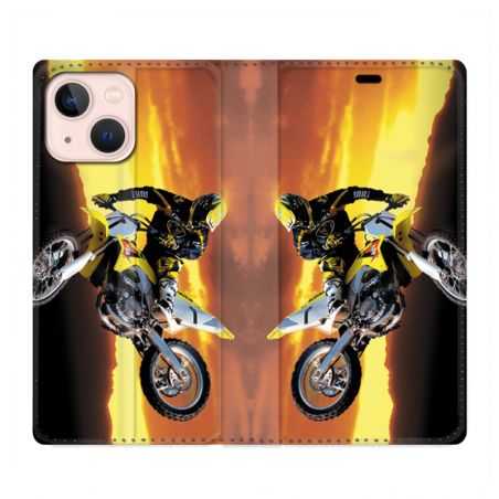 Housse Cuir Portefeuille Pour Iphone 13 Mini Moto Cross Noir