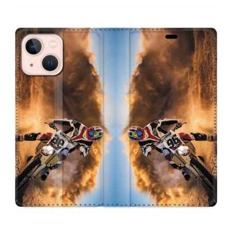 Housse Cuir Portefeuille Pour Iphone 13 Mini Moto Cross Blanc