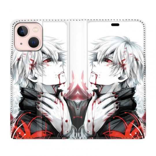 Housse Cuir Portefeuille Pour Iphone 13 Mini Manga Kaneki Blanc