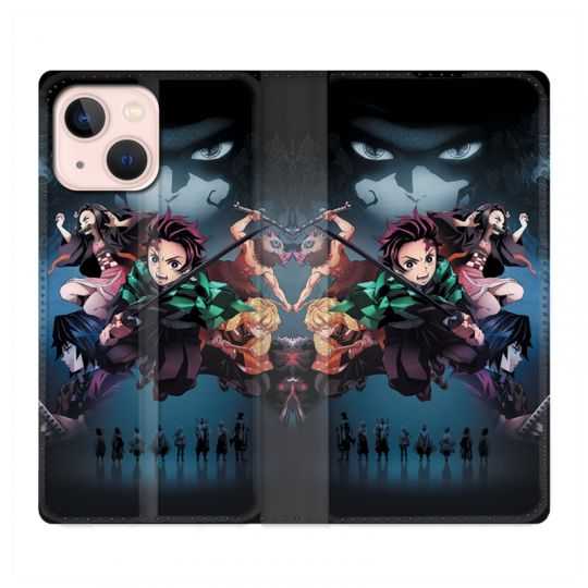 Housse Cuir Portefeuille Pour Iphone 13 Mini Manga Demon Slayer Noir