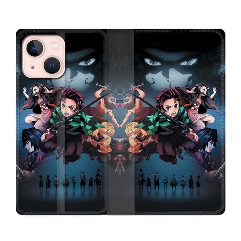 Housse Cuir Portefeuille Pour Iphone 13 Mini Manga Demon Slayer Noir