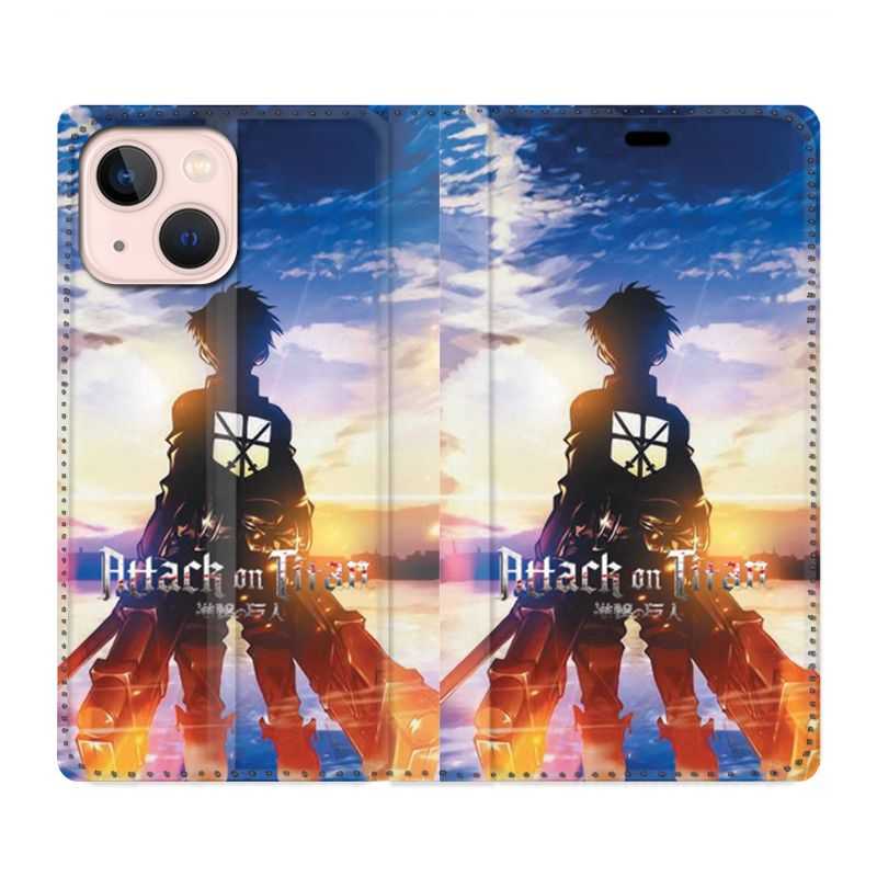 Housse Cuir Portefeuille Pour Iphone 13 Mini Manga Attaque Titans Soleil