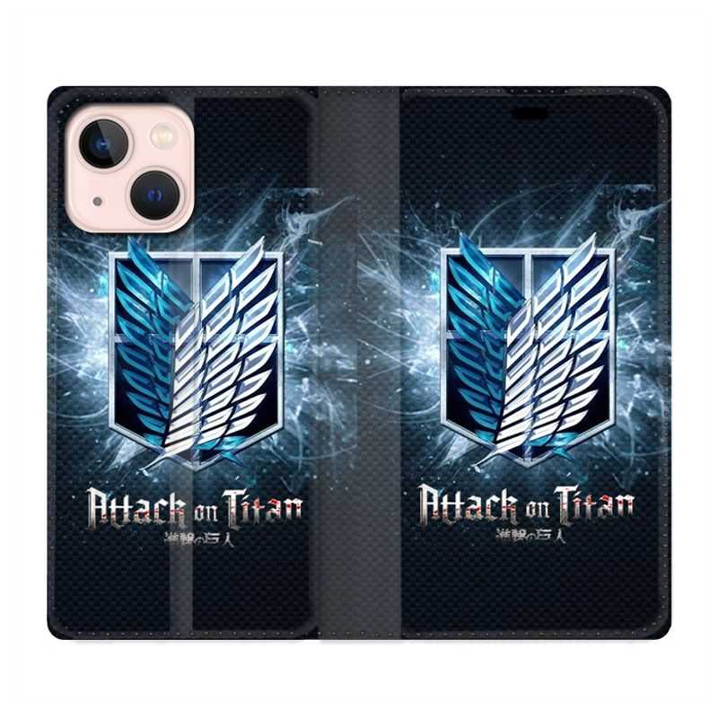 Housse Cuir Portefeuille Pour Iphone 13 Mini Manga Attaque Titans Noir