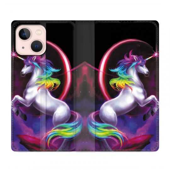 Housse Cuir Portefeuille Pour Iphone 13 Mini Licorne Arc en ciel