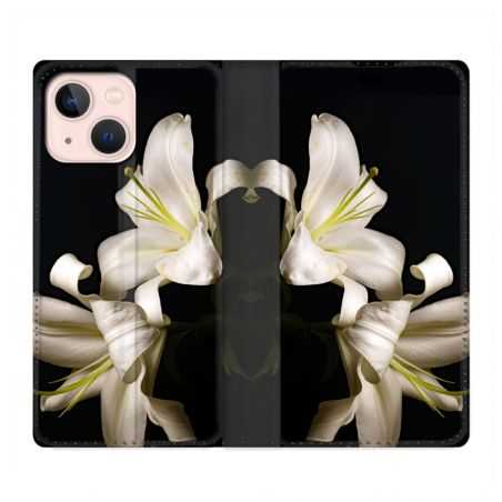 Housse Cuir Portefeuille Pour Iphone 13 Mini Fleur Lys Noir