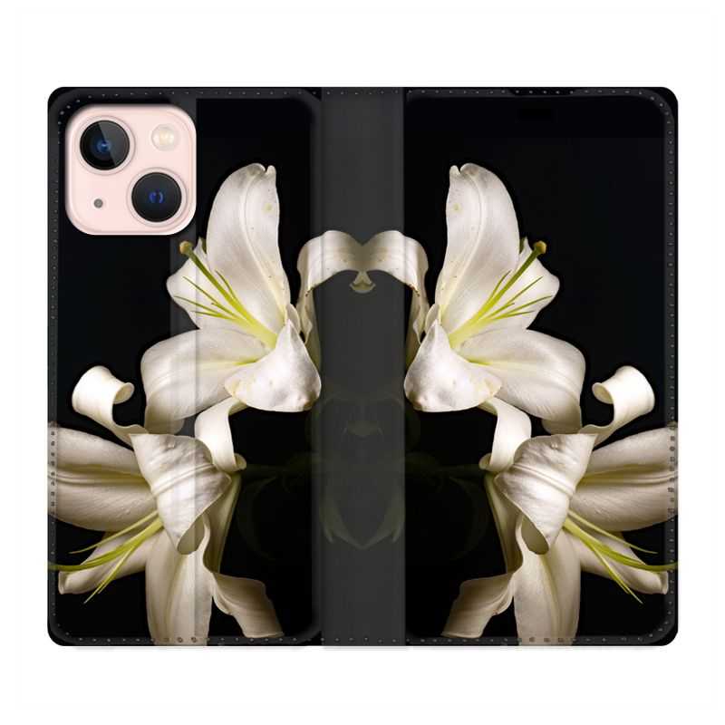 Housse Cuir Portefeuille Pour Iphone 13 Mini Fleur Lys Noir