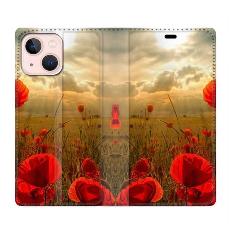 Housse Cuir Portefeuille Pour Iphone 13 Mini Fleur Coquelicot