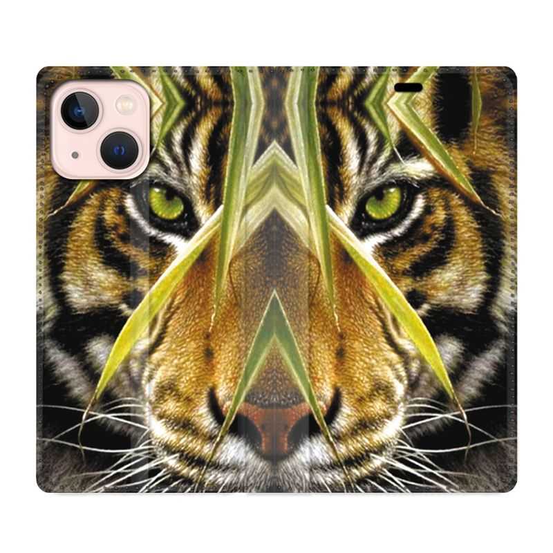 Housse Cuir Portefeuille Pour Iphone 13 Mini Oeil Tigre