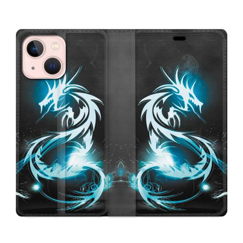 Housse Cuir Portefeuille Pour Iphone 13 Mini Dragon Bleu