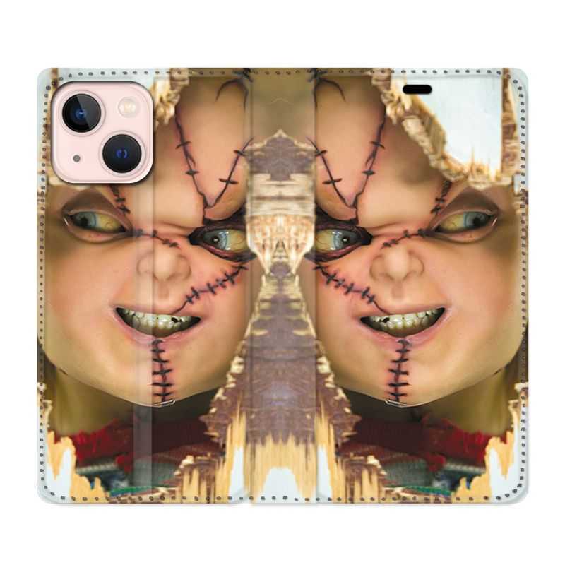 Housse Cuir Portefeuille Pour Iphone 13 Mini Chucky Blanc