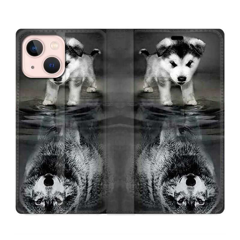 Housse Cuir Portefeuille Pour Iphone 13 Mini Chien Reflet