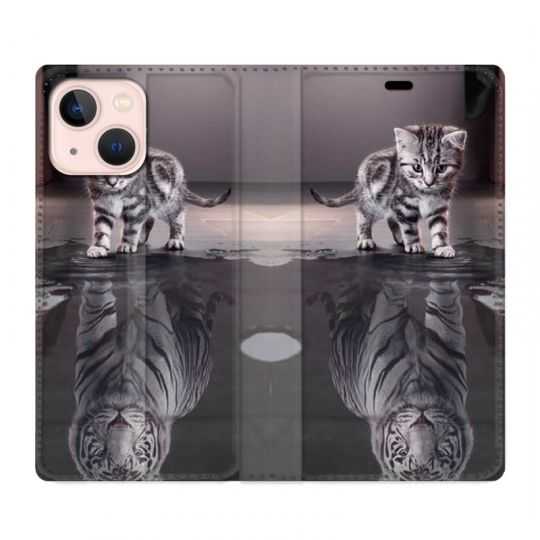 Housse Cuir Portefeuille Pour Iphone 13 Mini Chat Reflet