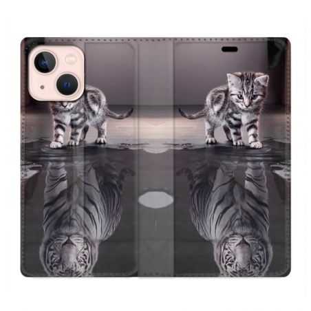 Housse Cuir Portefeuille Pour Iphone 13 Mini Chat Reflet
