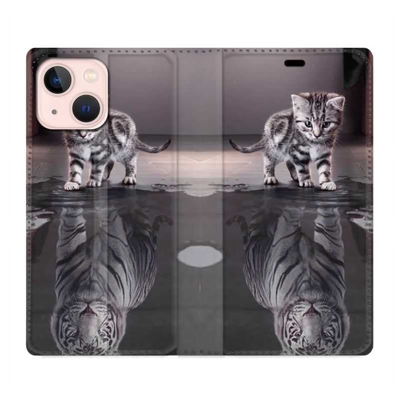 Housse Cuir Portefeuille Pour Iphone 13 Mini Chat Reflet