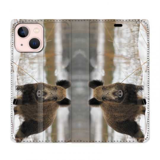 Housse Cuir Portefeuille Pour Iphone 13 Mini Chasse Sanglier Neige
