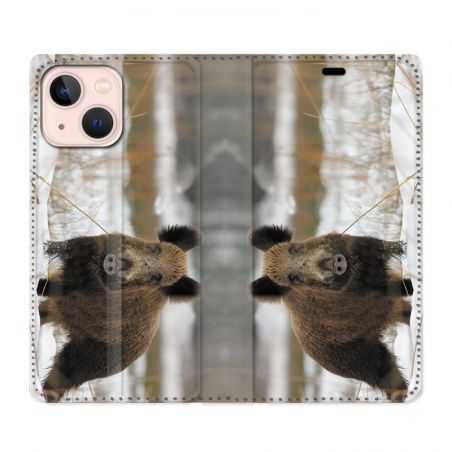 Housse Cuir Portefeuille Pour Iphone 13 Mini Chasse Sanglier Neige