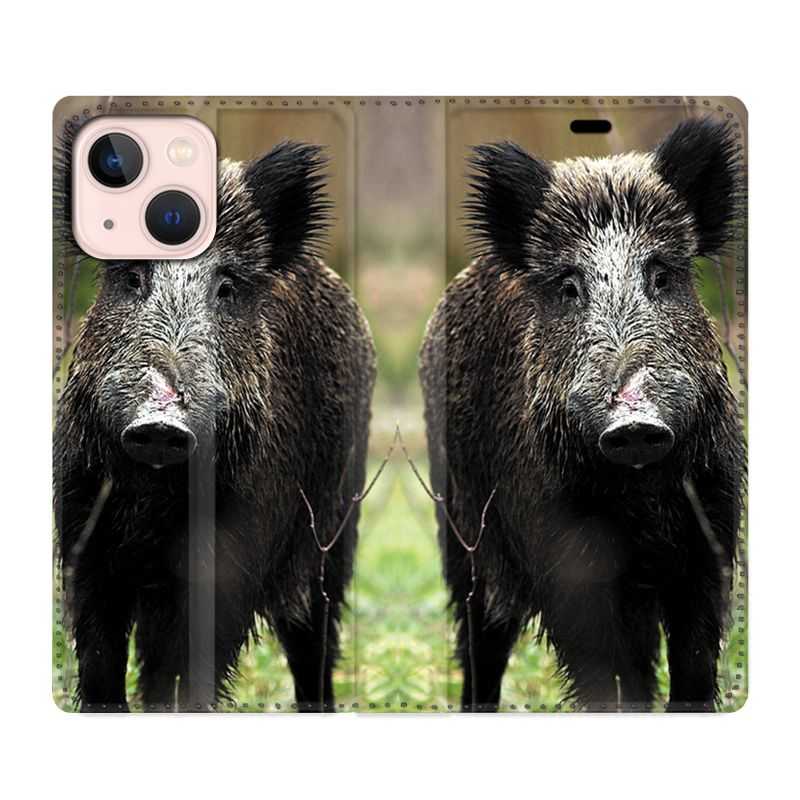 Housse Cuir Portefeuille Pour Iphone 13 Mini Chasse Sanglier bois