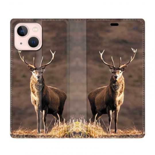 Housse Cuir Portefeuille Pour Iphone 13 Mini Chasse Chevreuil Blanc